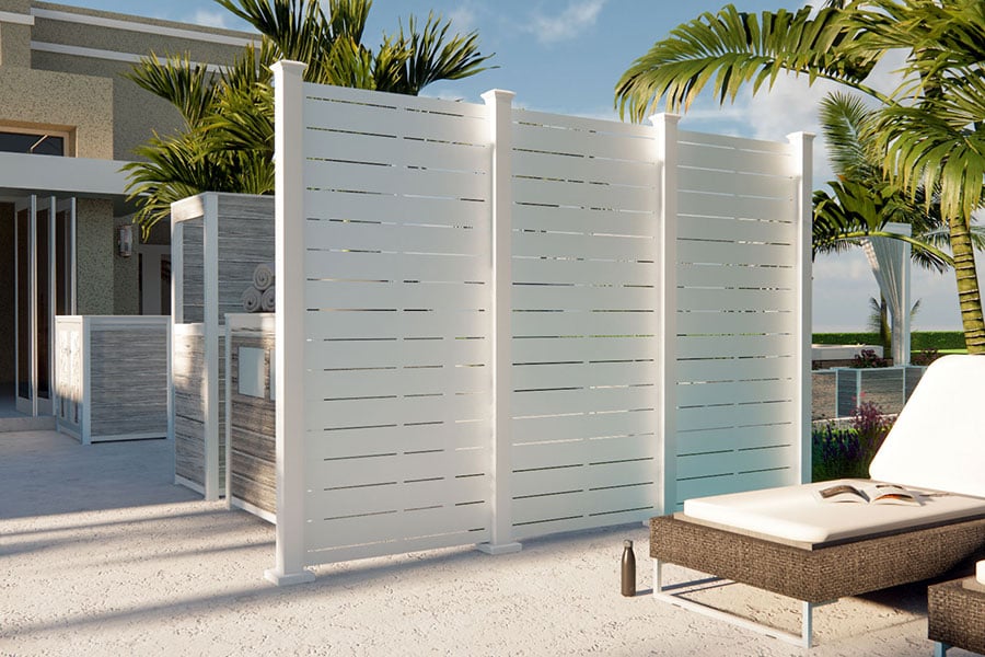A privacy screen at a pool side area