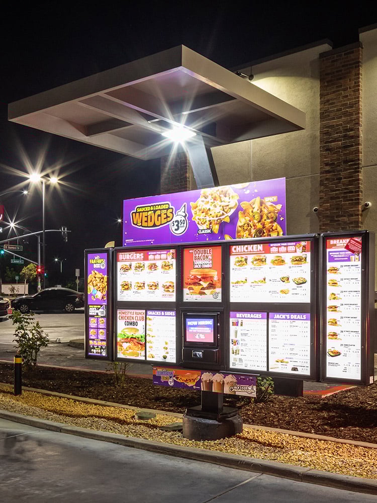 Jack in the Box static drive-thru menu board with canopy and lighting